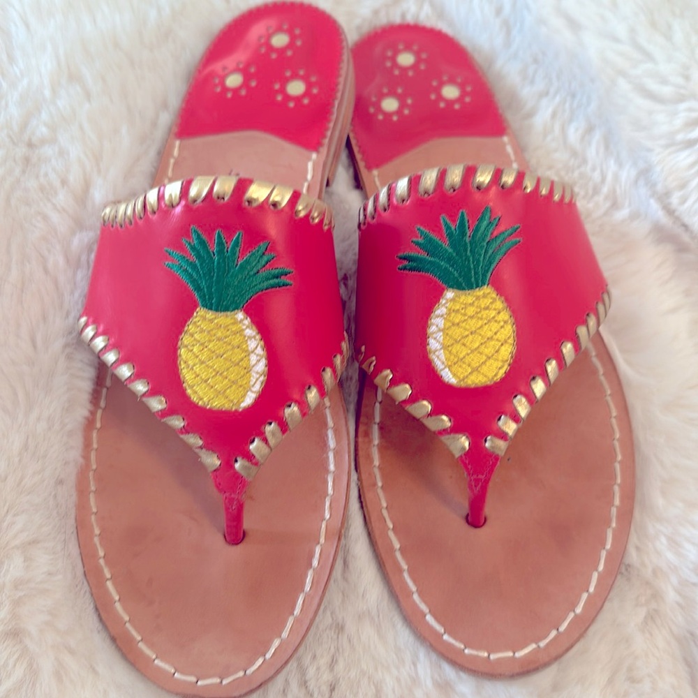 EUC Jack Rodgers Pink and Gold 100% Leather Thong Sandals with Pineapple
